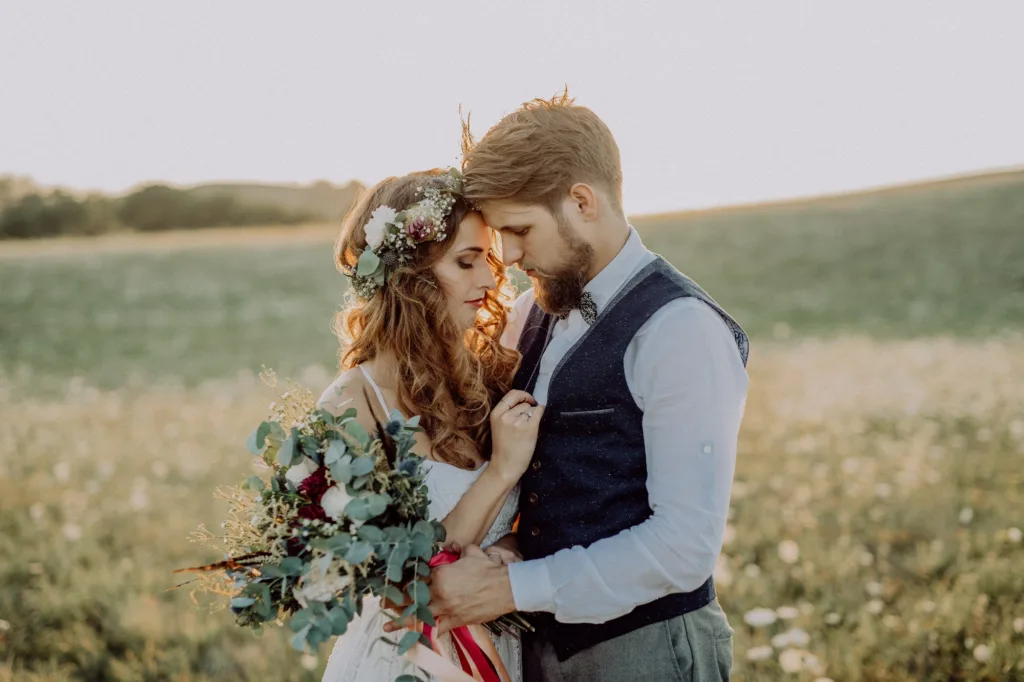 beautiful bride and groom at sunset in green nature 1 1