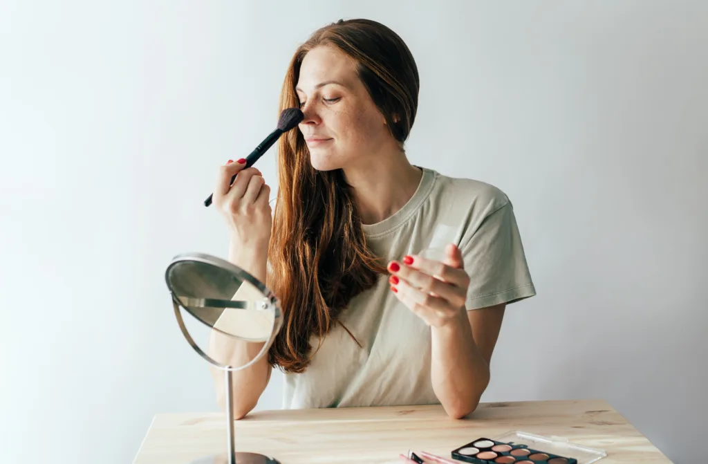 Young caucasian freckled woman makes make-up, applies powder with a brush. Self-care